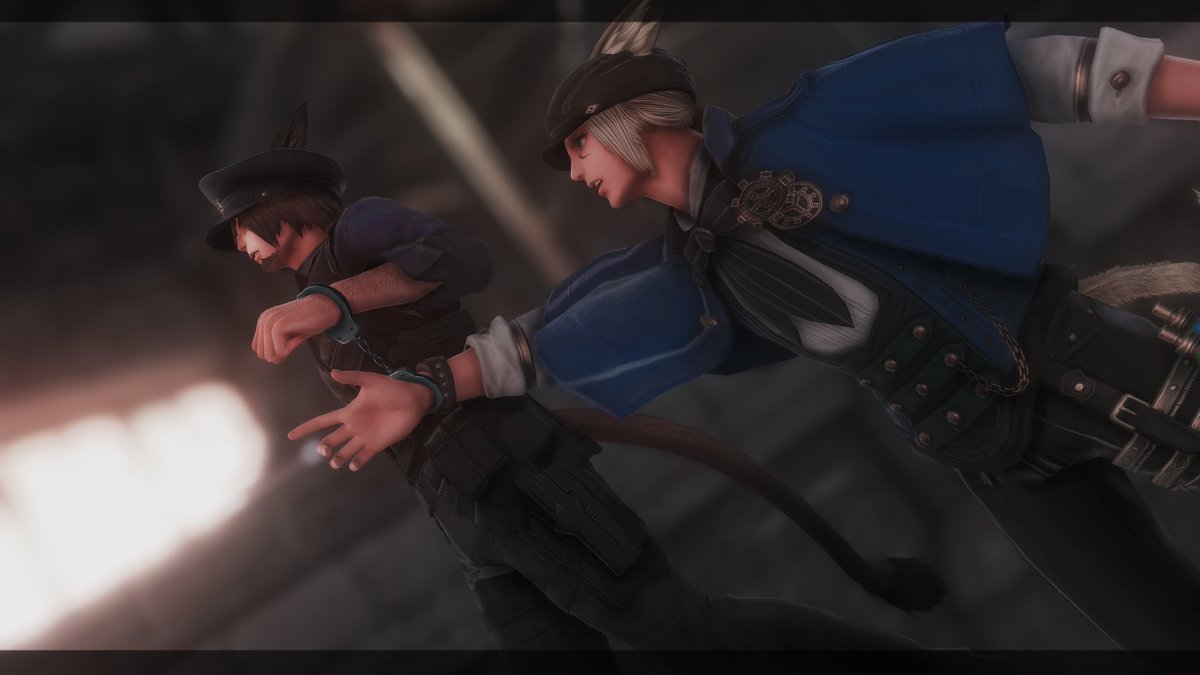 Zeah_FFXIV's tweet photo. Officer Eah &amp; Detective Duin. 
In an unlucky (Of course lucky) situation with handcuffs. 😉
__
#GPOSERS #ffxivsnaps #miqote https://t.co/O0ZaN6z96J