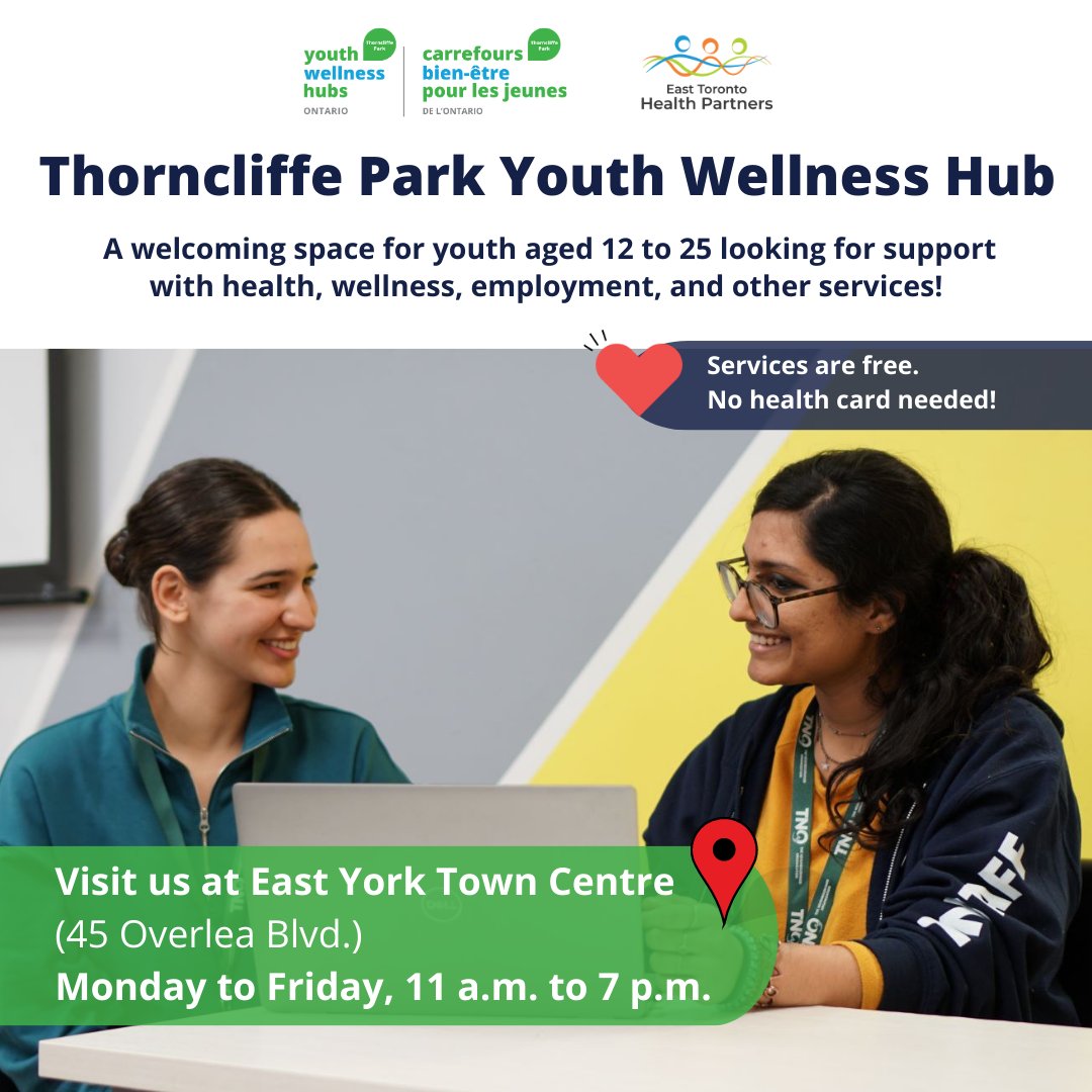 In-person services at the Thorncliffe Park Youth Wellness Hub are now available! Whether you need help dealing with stress, finding job opportunities or need someone to talk to, our team is here for you. 

Learn more: ow.ly/QsFq50PgBMl.

#YouthMentalHealth #EmpoweringYouth