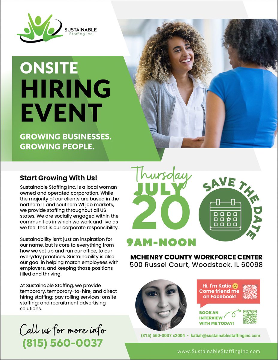 Hiring Event! Thursday, July 20th!   Meet Sustainable Staffing Team Members from 9AM - 12PM.  McHenry County Workforce Center - 500 Russel Court, Woodstock, IL 60098

#jobfair #staffing #mchenrycounty #nowhiring