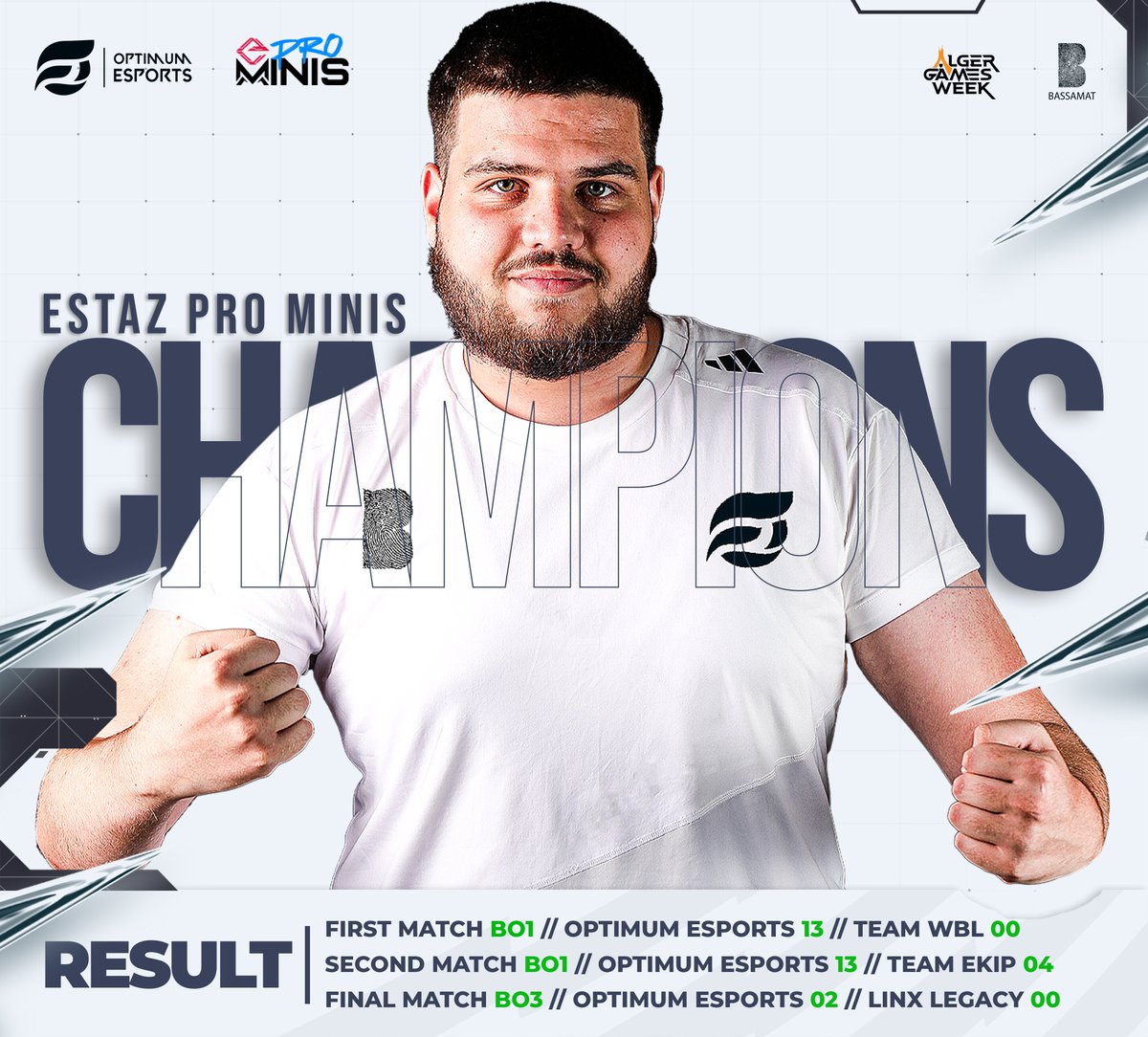 optesportsalg's tweet photo. Victorious at Estaz Mini Pro Tournament in Valorant!
 Witness our extraordinary teamwork and precision as we claim the championship title! 
Thanks to our amazing players and supportive fans – we did it together! 
#ValorantChampions #EstazMiniPro #TeamworkWins #VictoryInValorant https://t.co/vrMqyj4jVP