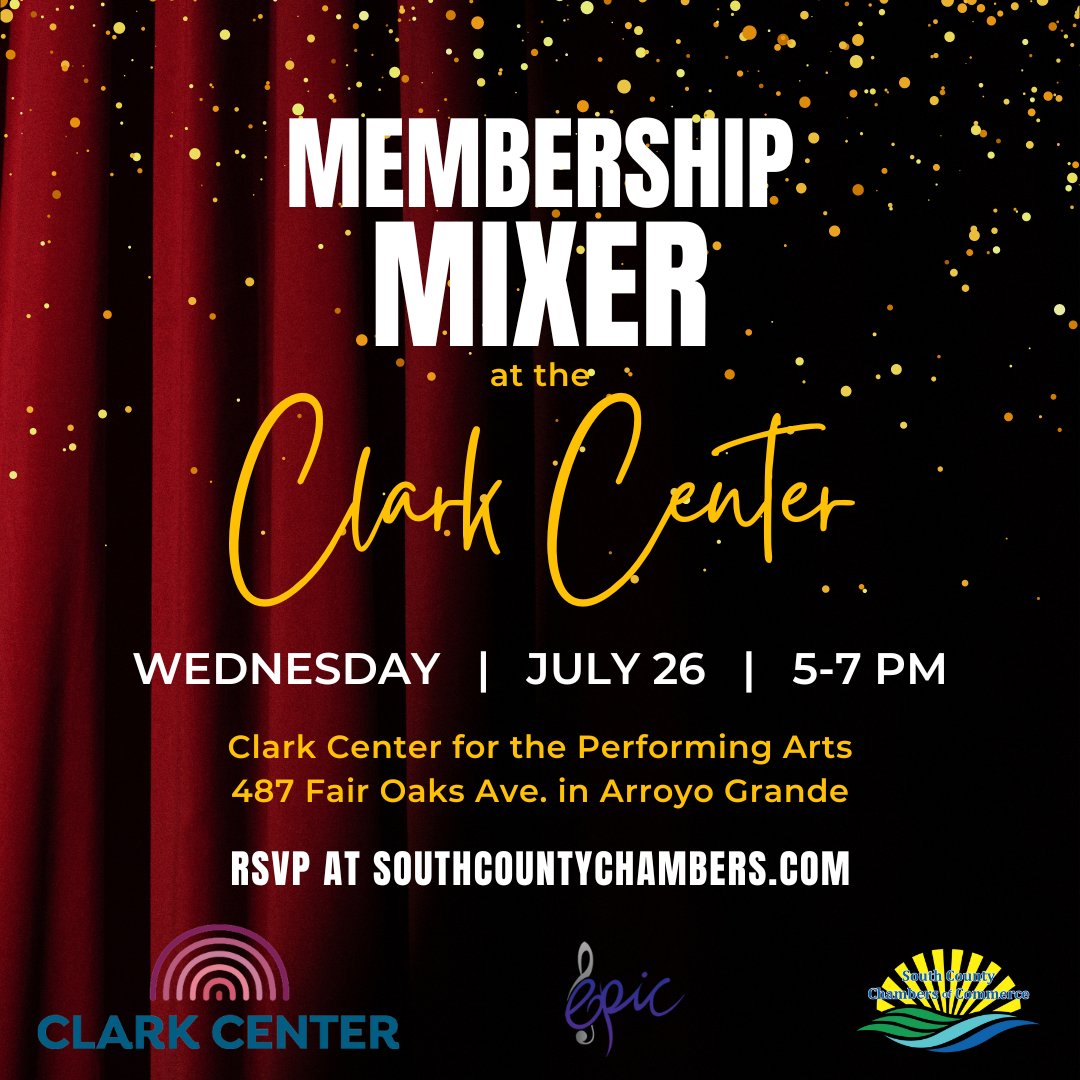 CountyChambers's tweet photo. Chamber members: RSVP for next week's Membership Mixer! Enjoy networking, appetizers, wine, and music at the Clark Center for the Performing Arts in Arroyo Grande on Wednesday, July 26th, from 5 pm to 7 pm. Please click here to RSVP: https://t.co/24OB0HVue1 https://t.co/y94qHpBf3a