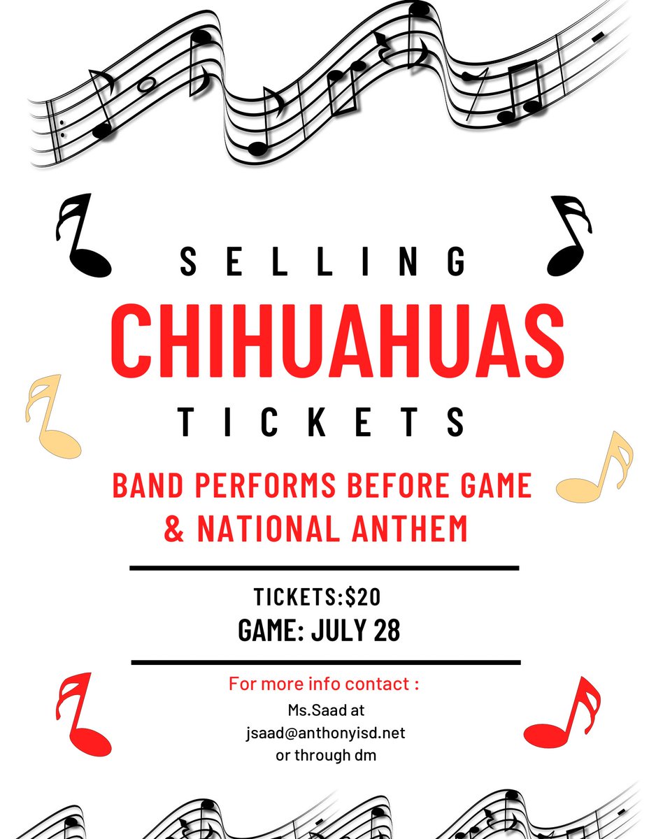 We are selling chihuahuas tickets for the ones that are interested in buying one! 
The band is performing before the game and the national anthem contact Ms.Saad for more info! 📢