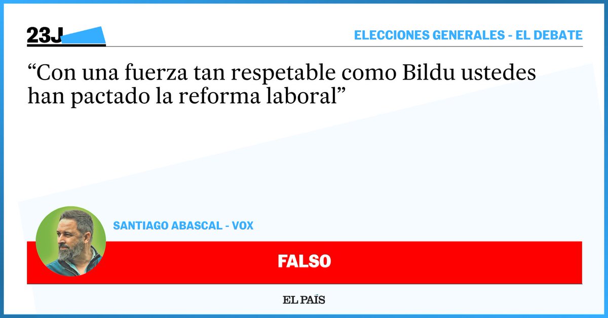 el_pais's tweet photo. Verificación | No es cierto que Bildu respaldase la reforma laboral. La candidata de Sumar, Yolanda Díaz, se lo ha recordado al líder de Vox seguidamente: “Señor Abascal, Bildu votó con usted en contra de la reforma laboral” #DebateFinalRTVE https://t.co/4nt3lPb5k5 https://t.co/ky5C1CrfPX