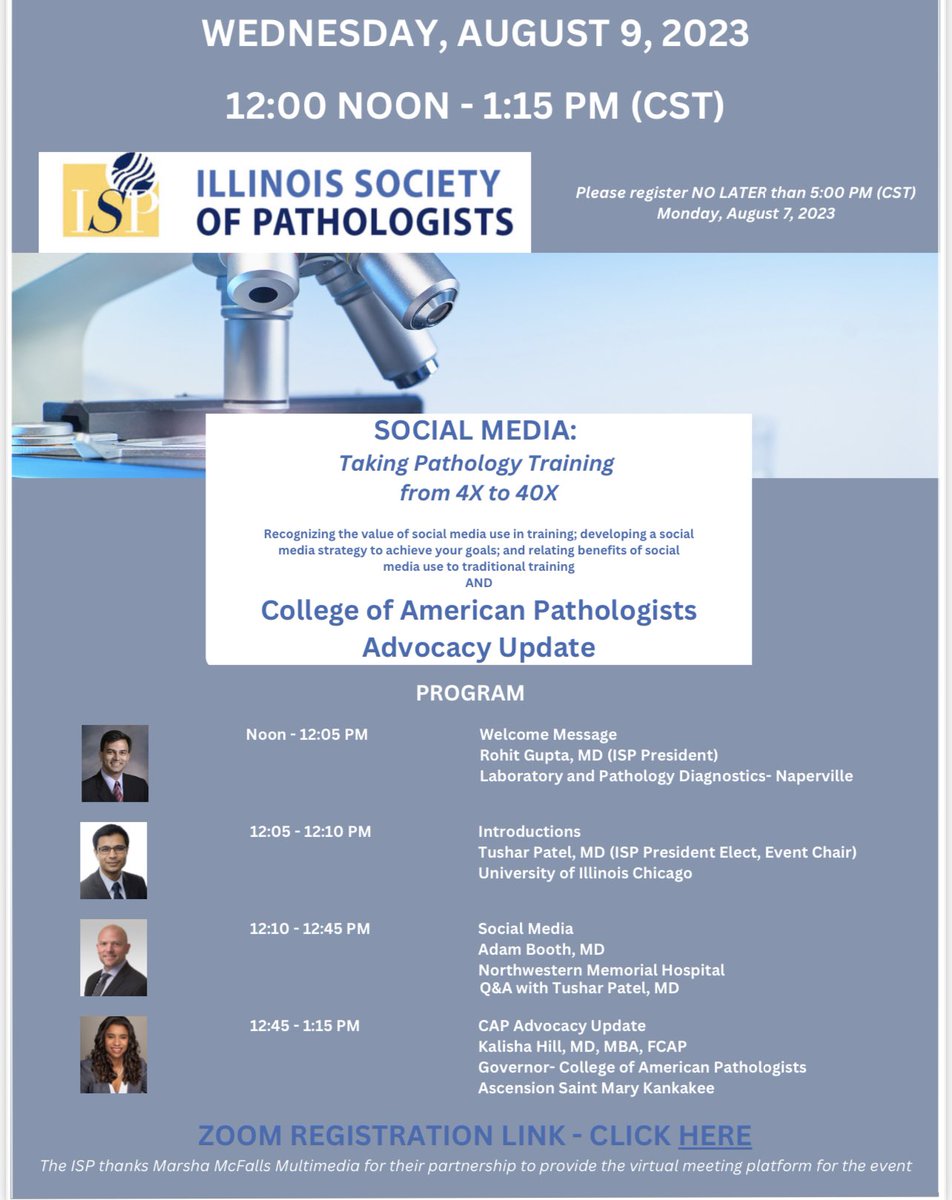 Sandra Haddad, MD (@sandorahaddad) on Twitter photo Highly recommended for all residents and attendings to attend this great upcoming virtual meeting by the ISP and the amazing speakers Dr. Rohit Gupta, Dr. Tushar Patel, Dr <a href="/ALBoothMD/">Adam L. Booth, MD</a> and Dr <a href="/kalishahillmd/">Kalisha Hill, MD, MBA for CAP President-Elect 2025</a>
Please submit questions to: Pam Cramer:
Pcramer@illinoispathology.org Highly recommended for all residents and attendings to attend this great upcoming virtual meeting by the ISP and the amazing speakers Dr. Rohit Gupta, Dr. Tushar Patel, Dr <a href="/ALBoothMD/">Adam L. Booth, MD</a> and Dr <a href="/kalishahillmd/">Kalisha Hill, MD, MBA for CAP President-Elect 2025</a>
Please submit questions to: Pam Cramer:
Pcramer@illinoispathology.org