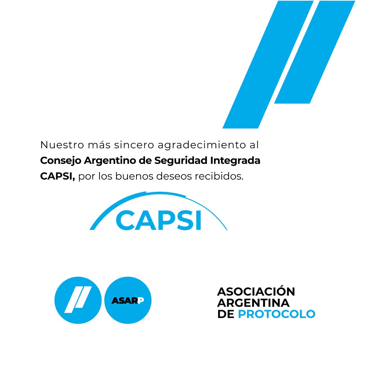 asarprotocolo's tweet photo. Expresamos nuestro sincero agradecimiento por el saludo y buenos deseos recibidos de quienes integran el Consejo Argentino para la Seguridad Integrada - CAPSI Argentina 
.
Anhelamos comenzar a trabajar juntos en beneficio de la sociedad argentina.
.
.
.
.
.

#DejandoHuella #CAPSI https://t.co/Al6bLWdqbL