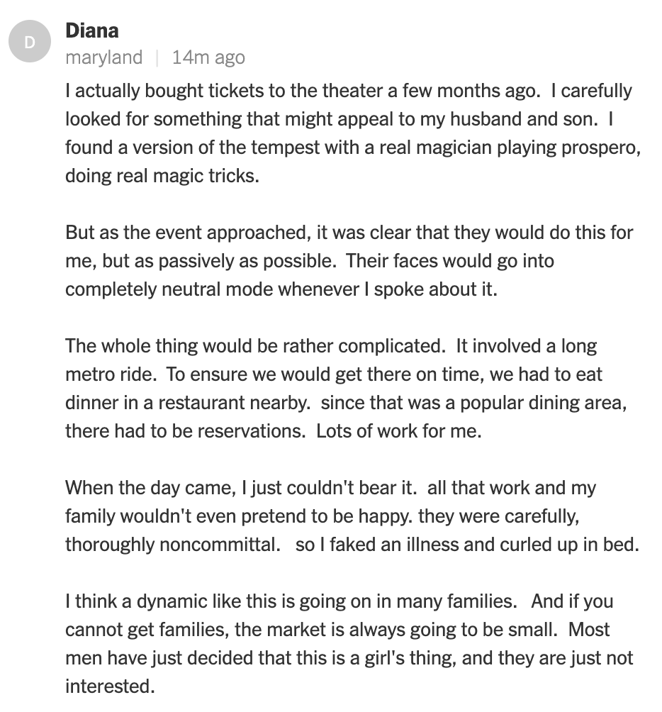 GratuitousV's tweet photo. This is the saddest comment on the @nytimes opinion piece about American theater. I wish this woman had told her family she was going with a couple of girlfriends instead or was just going to enjoy an evening by herself. https://t.co/uEl8YRIg96