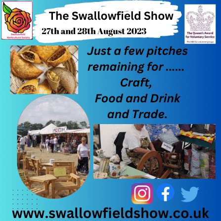 SwallowfieldThe's tweet photo. We have a few remaining pitches for our two day show on August 27th and 28th. Postcode RG7 1TH 
Trading times are 10am to 5.30pm on both days.
All prices are for the two days, and can be found on the booking forms at: https://t.co/Z9y2myaGGE https://t.co/jBvw6YRyUn