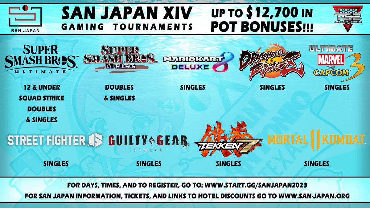 I'll be teaming up with <a href="/TXGamingEmpire/">Texas Gaming Empire</a> to host a couple fighting games at  #SanJapan2023 

9/2
Games capped at 128
Street Fighter 6 - PS5- $350 Bonus for every 32 entries
Tekken 7 - PS4 - $250 Bonus/32
Strive - PS4 - $250 Bonus/32

Register at start.gg/sanjapan2023