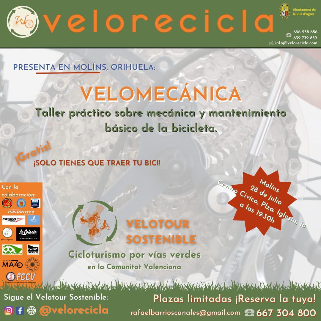 Os recordamos la cita que tenéis este 28 de Julio en el centro cívico de Molins!!! 
<a href="/velorecicla/">Velorecicla</a> presenta "Velomecanica" Taller práctico sobre mecánica y mantenimiento básico de la bicicleta.
Reserva tu plaza ya!!! 
Totalmente gratuito!!!