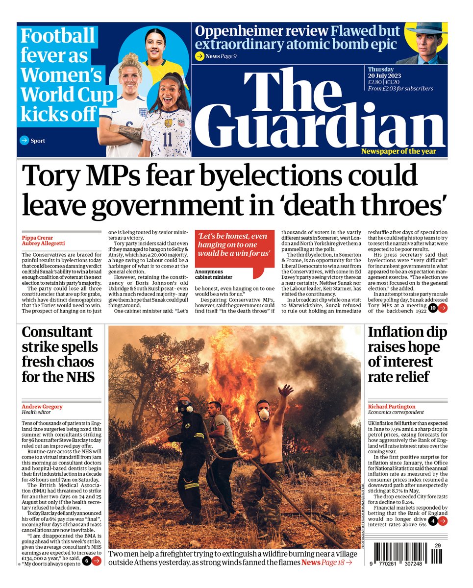 The Guardian on Twitter "Guardian front page, Thursday 20 July 2023