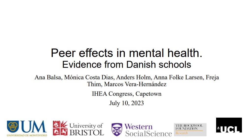 AlejandroCid_uy's tweet image. &quot;¿Cuánto afectan la salud mental tener estos compañeros de clase?&quot; @AnaInesBalsa acaba de exponer investigación en Sudáfrica #IHEA2023Congress @healtheconomics 👏
👉10% de los niños sufren mental disorder.
Coautores: @papiteide @anna_folke @freja_thim ...
healtheconomics.confex.com/healtheconomic…