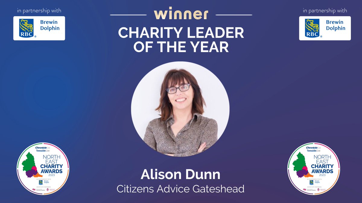 It’s time for Charity Leader of the Year, sponsored by @brewindolphin, and our finalists are… Alison Dunn @AdviceGateshead, Bev Reid @DementiaMattuks, Juliet Sanders @feedingfamilie1 and Neeraj Sharma @daisychain_sd. And the winner is… Alison Dunn 👏🫶 🎉 #NECharityAwards #ad