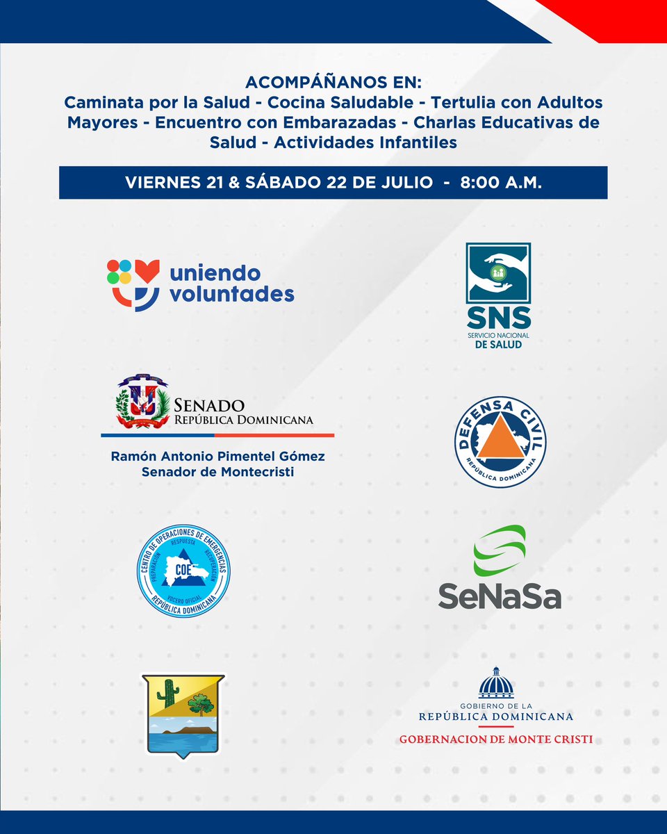 SaludPublicaRD's tweet photo. ❤️ Vuelve la ¨Ruta de la Salud: Cambia tu Estilo de Vida¨, esperamos tu compañía.

🗓: viernes 21 y sábado 22 de julio.
📍: Parque Manolo Tavárez Justo, Montecristi 
⏰: 8:00 a.m. https://t.co/HiyLs2s2K1