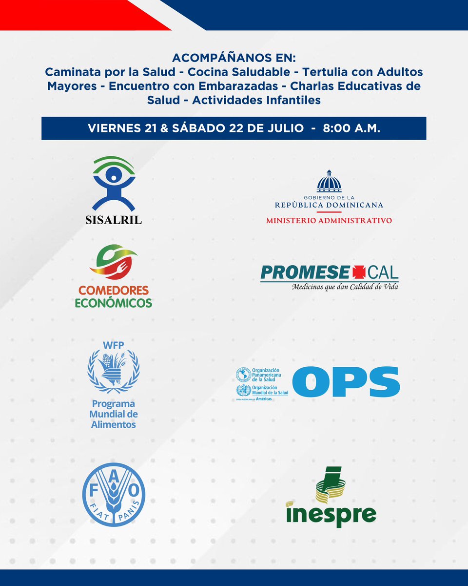 SaludPublicaRD's tweet photo. ❤️ Vuelve la ¨Ruta de la Salud: Cambia tu Estilo de Vida¨, esperamos tu compañía.

🗓: viernes 21 y sábado 22 de julio.
📍: Parque Manolo Tavárez Justo, Montecristi 
⏰: 8:00 a.m. https://t.co/HiyLs2s2K1
