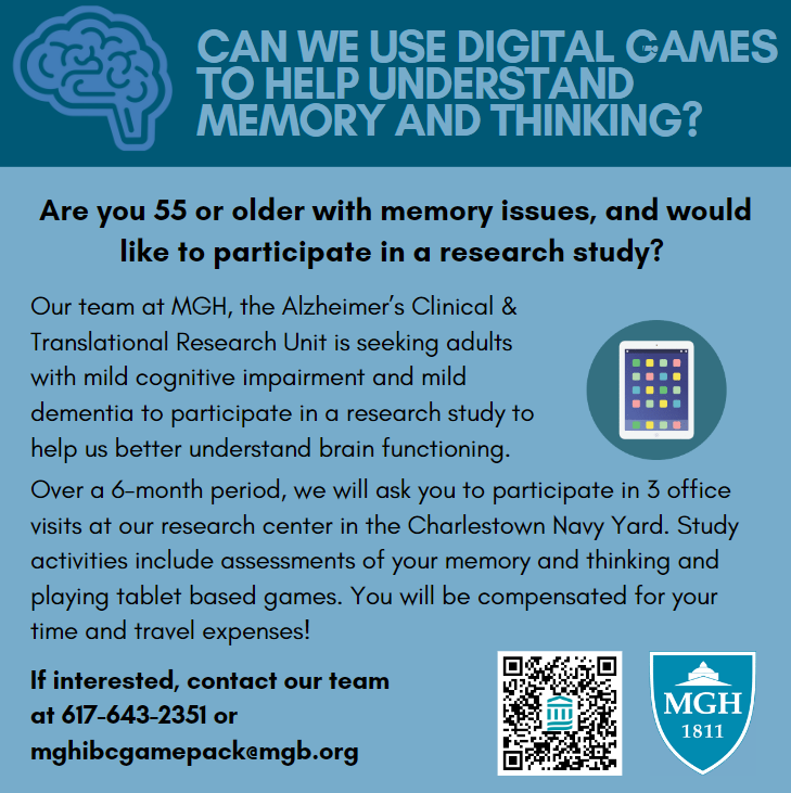 Are you or a loved one over 55 experiencing memory issues or have a diagnosis of Alzheimer's Disease? Do you enjoy playing tablet-based games?

 #Alzheimers  #Health  #wellness  #family  #massgeneral #Boston  #research