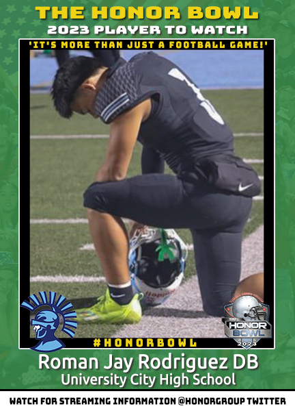 PLAYER TO WATCH: <a href="/_romanjay/">Roman Jay Rodriguez</a> RB LB will play in the 2023 Honor Bowl - <a href="/CenturionFB/">University City High School Football</a>  vs <a href="/TVS_Trojans/">Trinity Valley School</a> 9/2 at Noon hosted by <a href="/cchsdons/">Cathedral Catholic High School</a>