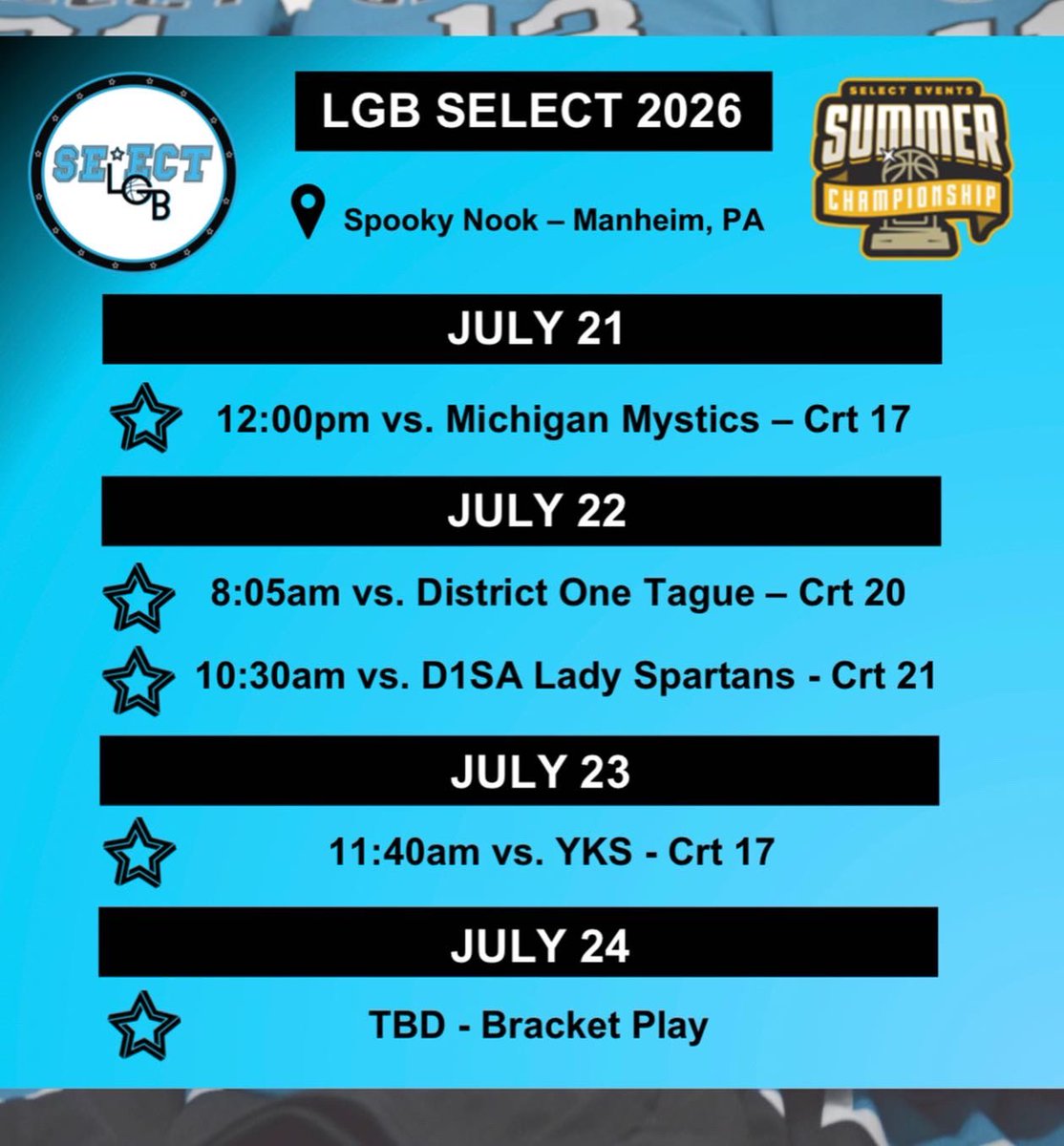 We are all fired up for our final tournament of the season! All 3 LGB Select HS teams will be competing in <a href="/SelectEventsBB/">Select Events Basketball</a> Summer Championships from July 21-24 at the Nook! Last opportunity to come check out our squads! #HWNL

#LGBSelect2024 #LGBSelect2025 #LGBSelect2026