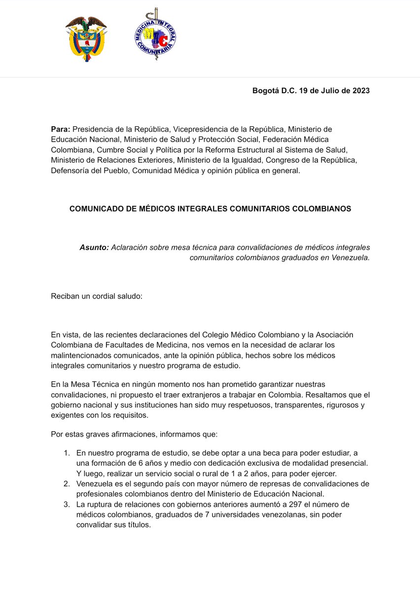 ASOCIMEDI's tweet photo. Este Comunicado busca informar y aclarar desde los Médicos Integrales Comunitarios, las Mesas Técnicas en el congreso. https://t.co/b3up1rbeGJ