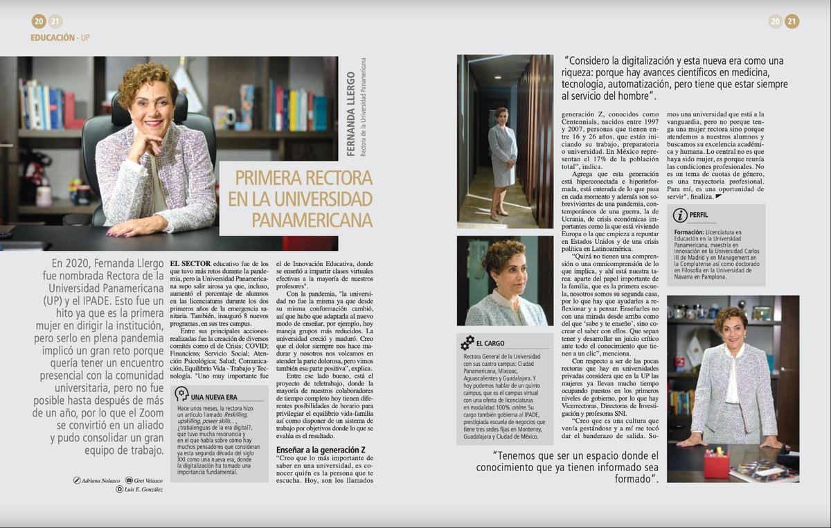 fimpes's tweet photo. Gran entrevista a la Rectora General de @UPInstitucional, Dra. Fernanda Llergo Bay @FerLlergo en la revista Líderes Mexicanos @LideresMexicano #CalidadFIMPES

Encuentra el artículo en la revista digital (pp. 28-29)👇
https://t.co/qDWbhktvPK https://t.co/ecPdpYkNJG