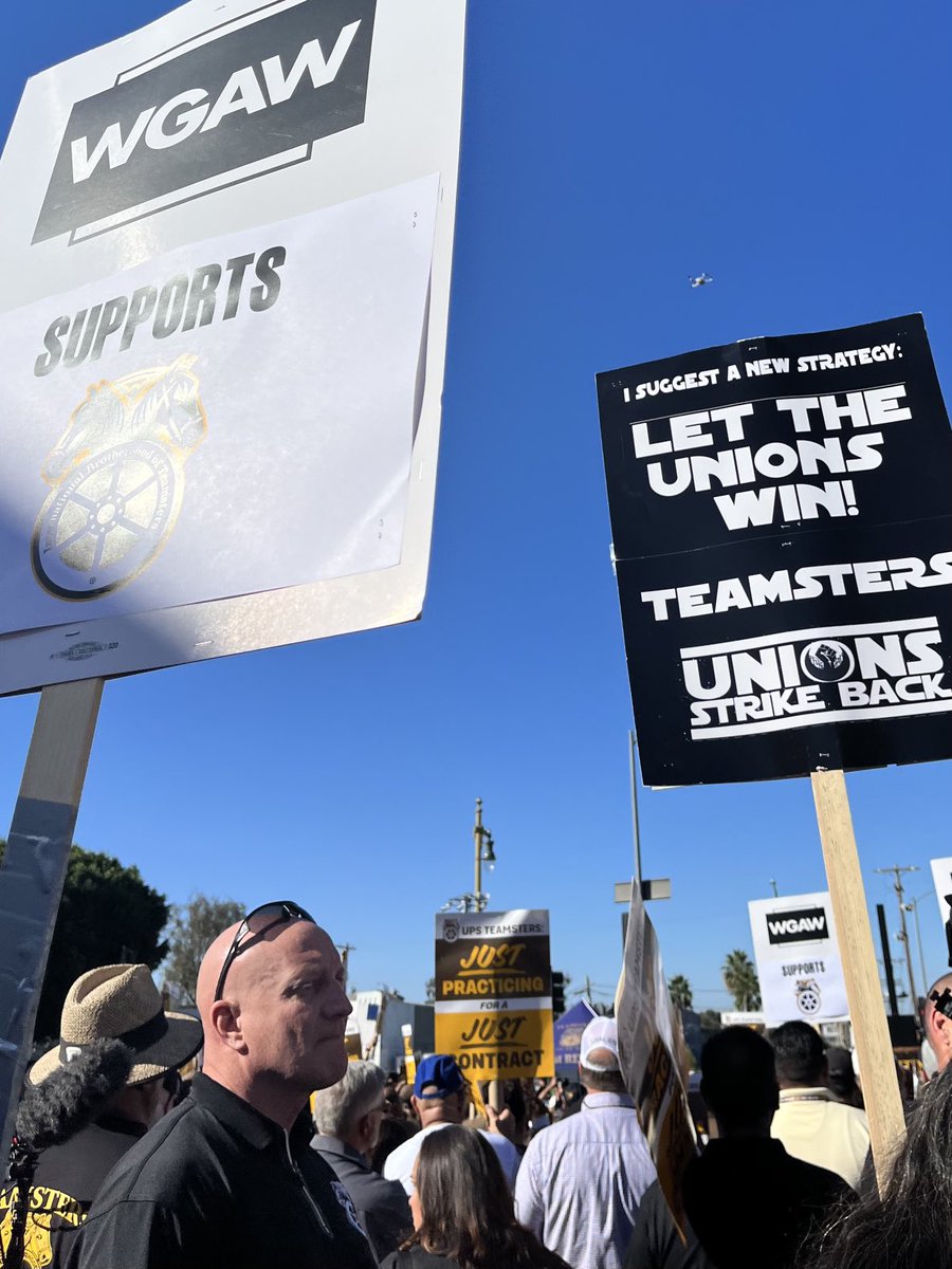 Good to be with my fellow #WGA writers, our #SAGAFTRA sibs, hotel workers, UPS drivers, teamsters at the #UPS #Teamsters rally this morning! #faircontracts #labor #unionstrong