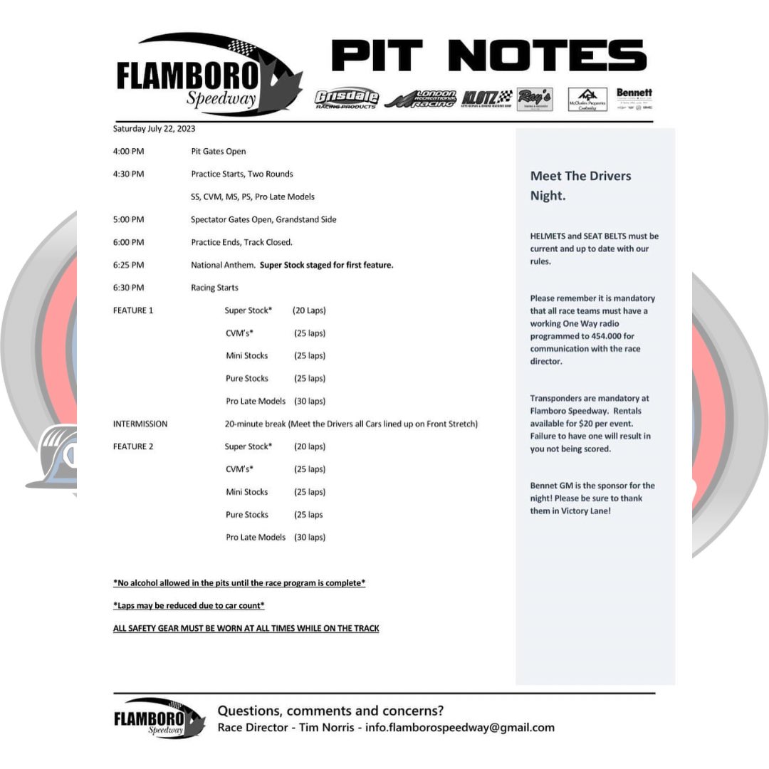 Here are your pit notes for this Saturday nights event!

It is also meet the drivers night! Please make sure you have your hero cards! If you need a quick design please reach out! 

Looking forward to seeing everyone!