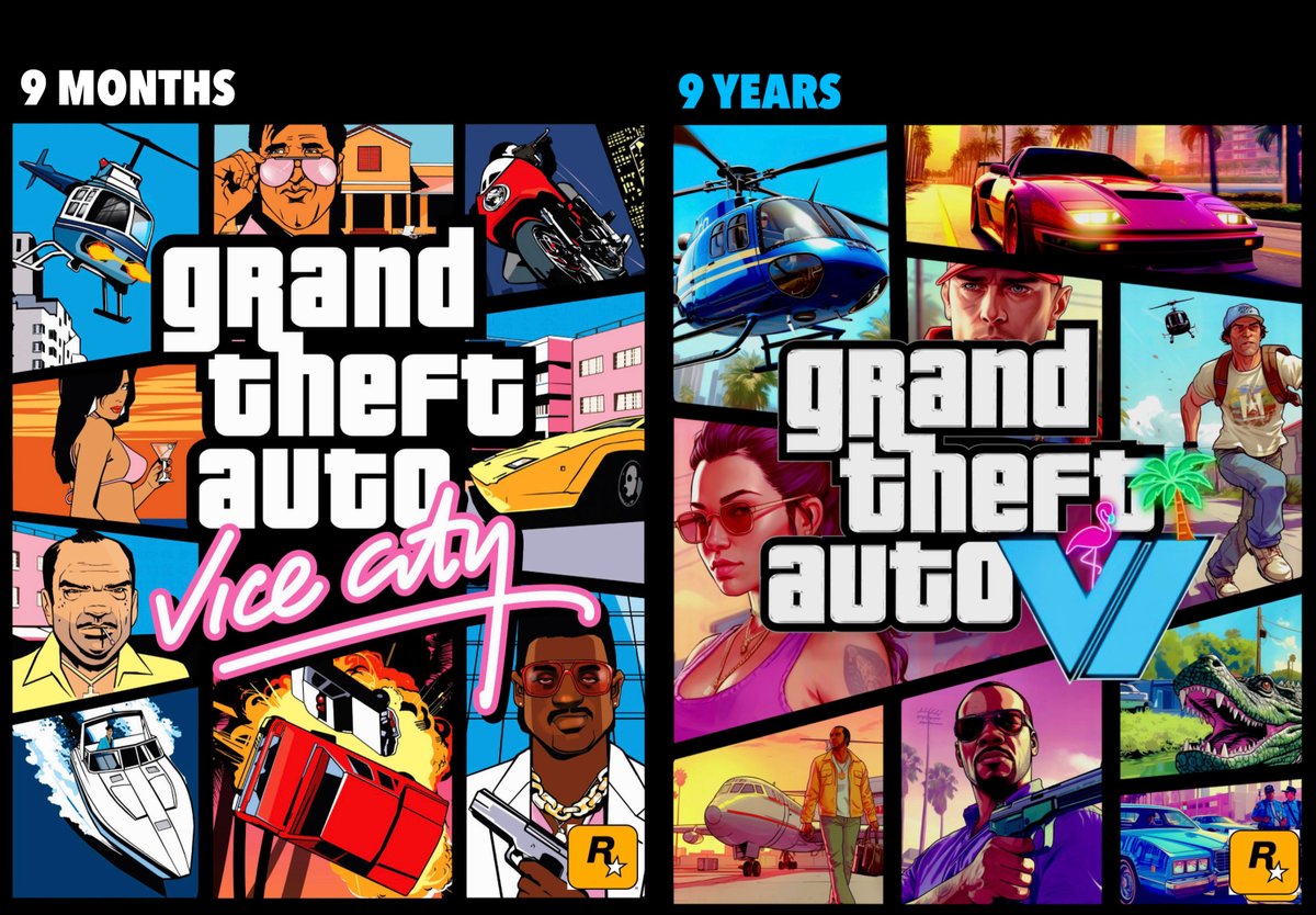 GTAVI_Countdown's tweet photo. Rockstar Games only took 9 months to develop GTA Vice City, while GTA 6 has been in development for 9 years so far.

Do you think longer development times are justifiable? https://t.co/YJ1r6aV0IV