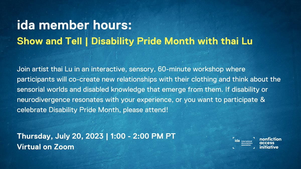 International Documentary Association (IDA) (@idaorg) on Twitter photo Tomorrow! Join us for this #DisabilityPrideMonth interactive workshop. Register now. us06web.zoom.us/meeting/regist… Tomorrow! Join us for this #DisabilityPrideMonth interactive workshop. Register now. us06web.zoom.us/meeting/regist…