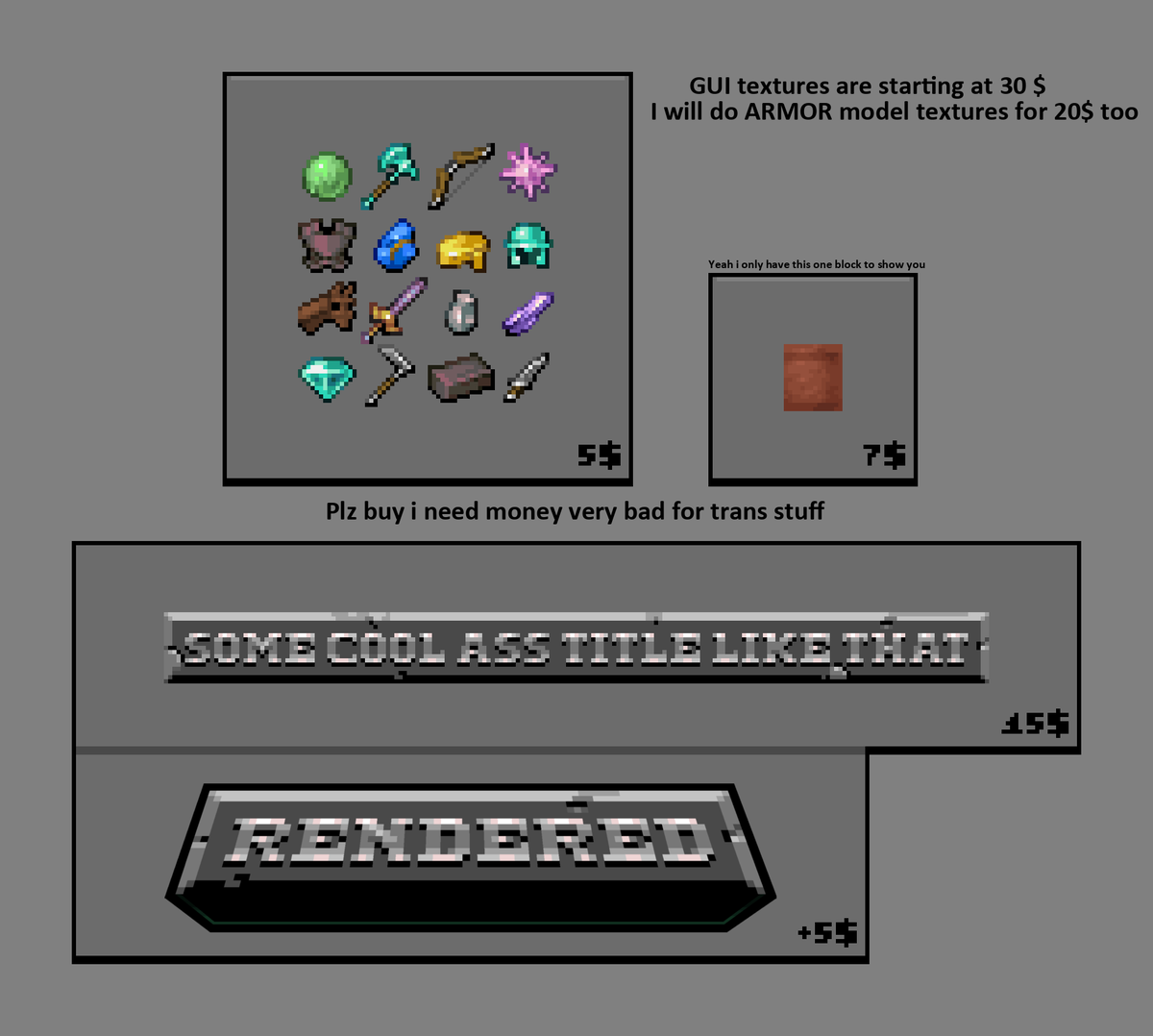 //OPENING COMMISSIONS !!

Notes:
↳"Armor model textures" refer to the texture displayed in 3rd person when you wear the armor.

↳Cool ass titles will only be made in this font I made.

#commissionsopen #Minecraft #pixelart #ドット絵 #aseprite 

Please spread the word !!