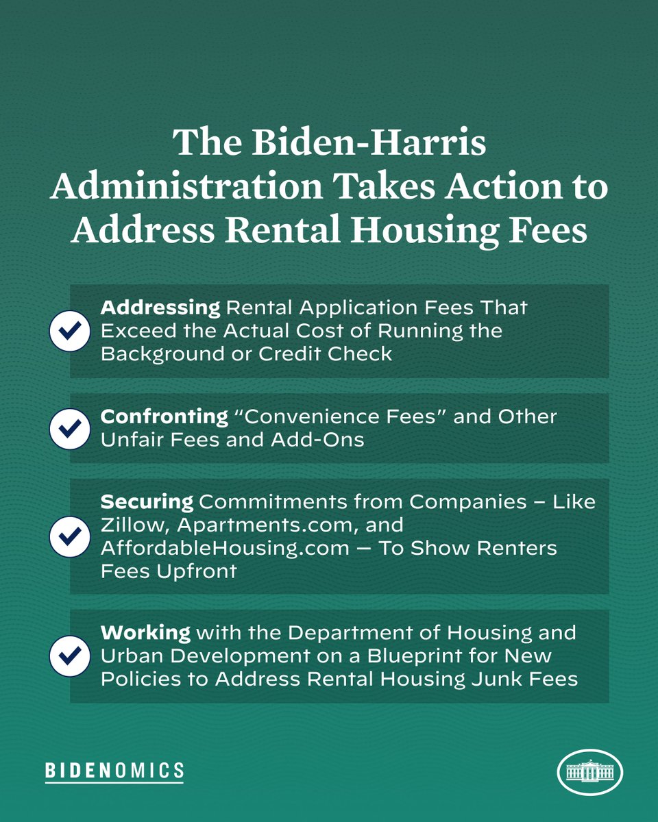 POTUS46Archive's tweet photo. Today, our Administration announced actions to tackle rental housing junk fees.

Millions of Americans are hit with application fees and "convenience fees" when renting – and often, they cost more than the actual service.

They add up, so we're doing something about them. https://t.co/XS0vmg7yKe