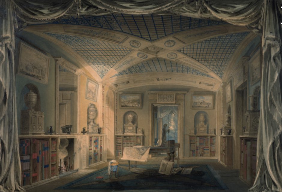 Gough_Clare_J's tweet photo. Fun to stumble across blue plaque to J M Gandy in Chiswick - close colleague of #Soane bringing to life in drawings Soane’s designs - here Gandy’s perspective of the library @Pitzhanger https://t.co/8b6ISechrt