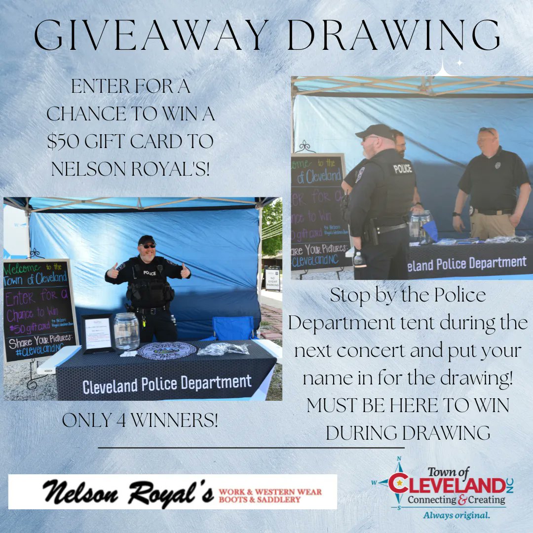 TownClevelandNC's tweet photo. This Saturday in #ClevelandNC is your chance to win a $50 gift card to Nelson Royal's Western Store! You must be present during the drawing to win! 

Thank you to Nelson Royal's for being a sponsor for our #AlwaysOriginal Dancing on Depot Street events! https://t.co/z7wUDd2QnF