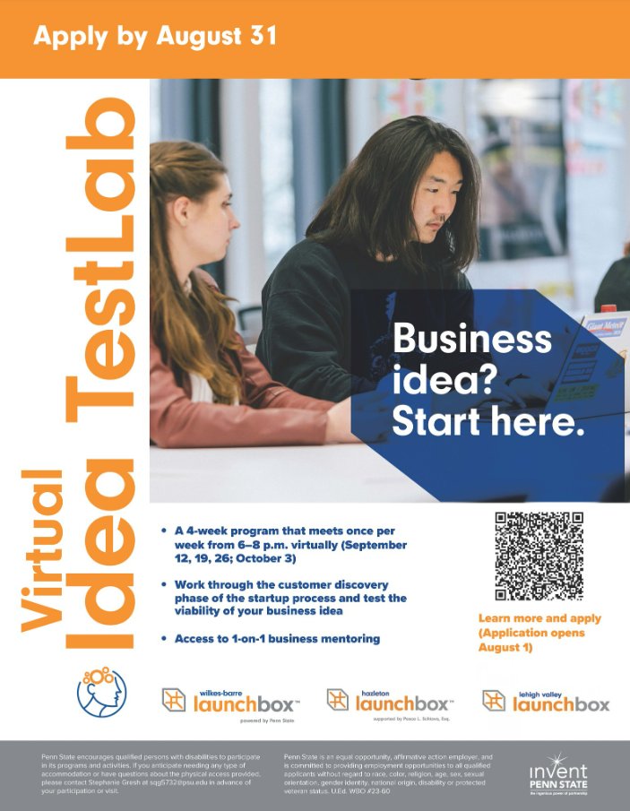 canbeinnovation's tweet photo. This fall, join our friends from the #HazletonLaunchBox for their Virtual Idea TestLab!
This 4-week program will give you access to 1-on-1 business mentoring, help you test the viability of your business, and more!
Learn more ➡️: https://t.co/wXbBwttslS
#PSU #Entrepreneurship https://t.co/12PFU4kmpL