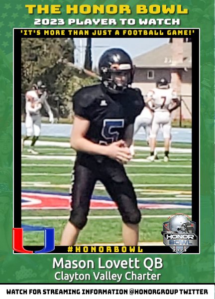 PLAYER TO WATCH: <a href="/MasonLovett4/">Mason Lovett</a> QB will play in the 2023 Honor Bowl - <a href="/cv_football/">CV Football</a> vs <a href="/Oakridgetrojans/">Oak Ridge Football</a> 9/9 at 7:30 pm hosted by <a href="/OakRidgeTrojans/">Oak Ridge Football</a>