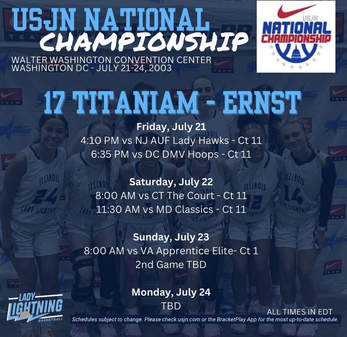 Here’s my schedule for the USJN National Championship!⚡️<a href="/LadyLightningIL/">IL Lady Lightning</a>