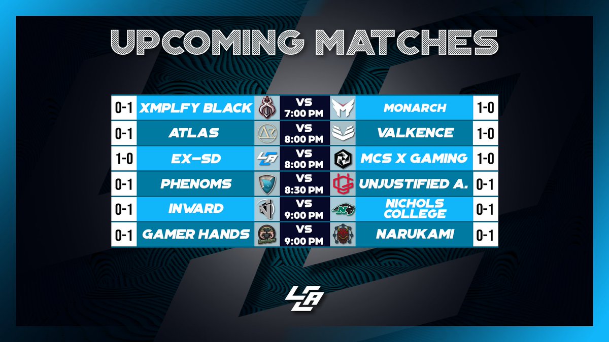 LCABroadcasting's tweet photo. 🚨 Tonight's Final Offensive Matches!🚨

⚔️ @xmplfy Black VS @MonarchGGs 
🎙️ N/A

⚔️ @AtlasEsports18 VS @Valkence
🎙️ N/A

⚔️ #EX_SD VS @MCSxGaming 
🎙️ N/A

⚔️ #Phenoms VS @UnjustifiedGG A.
🎙️ N/A https://t.co/cSEfoMRi0Q