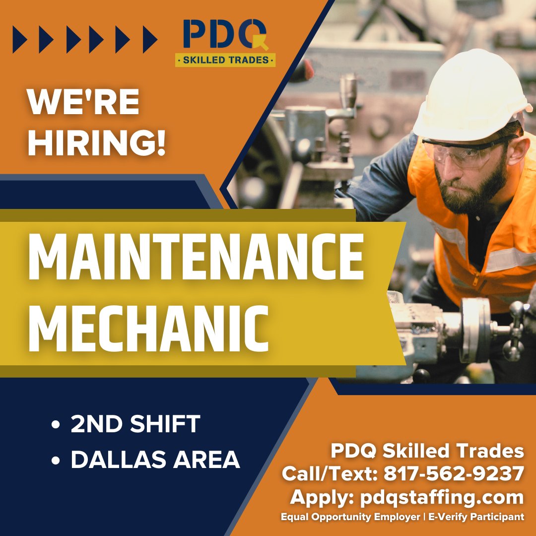 #Hiring #MaintenanceMechanic in #DallasTx. Apply: hubs.li/Q01YgpMb0  Call/text Stephanie at 972-562-9237 for info. EOE #pdqskilledtrades #pdqstaffing #dfwjobs