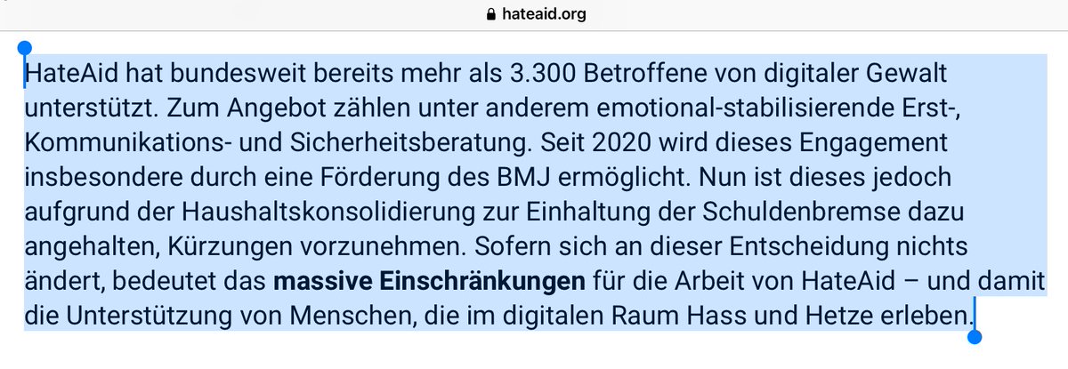 .@HateAid ist zu wichtiger Anlaufstelle für Menschen in Deutschland geworden,die #DigitaleGewalt erfahren.Die gemeinnützige Organisation hat mit der Prozesskostenfinanzierung Betroffenen geholfen.@MarcoBuschmann streicht nun die Förderung.Ein trauriger Sieg für den #HassImNetz.😖