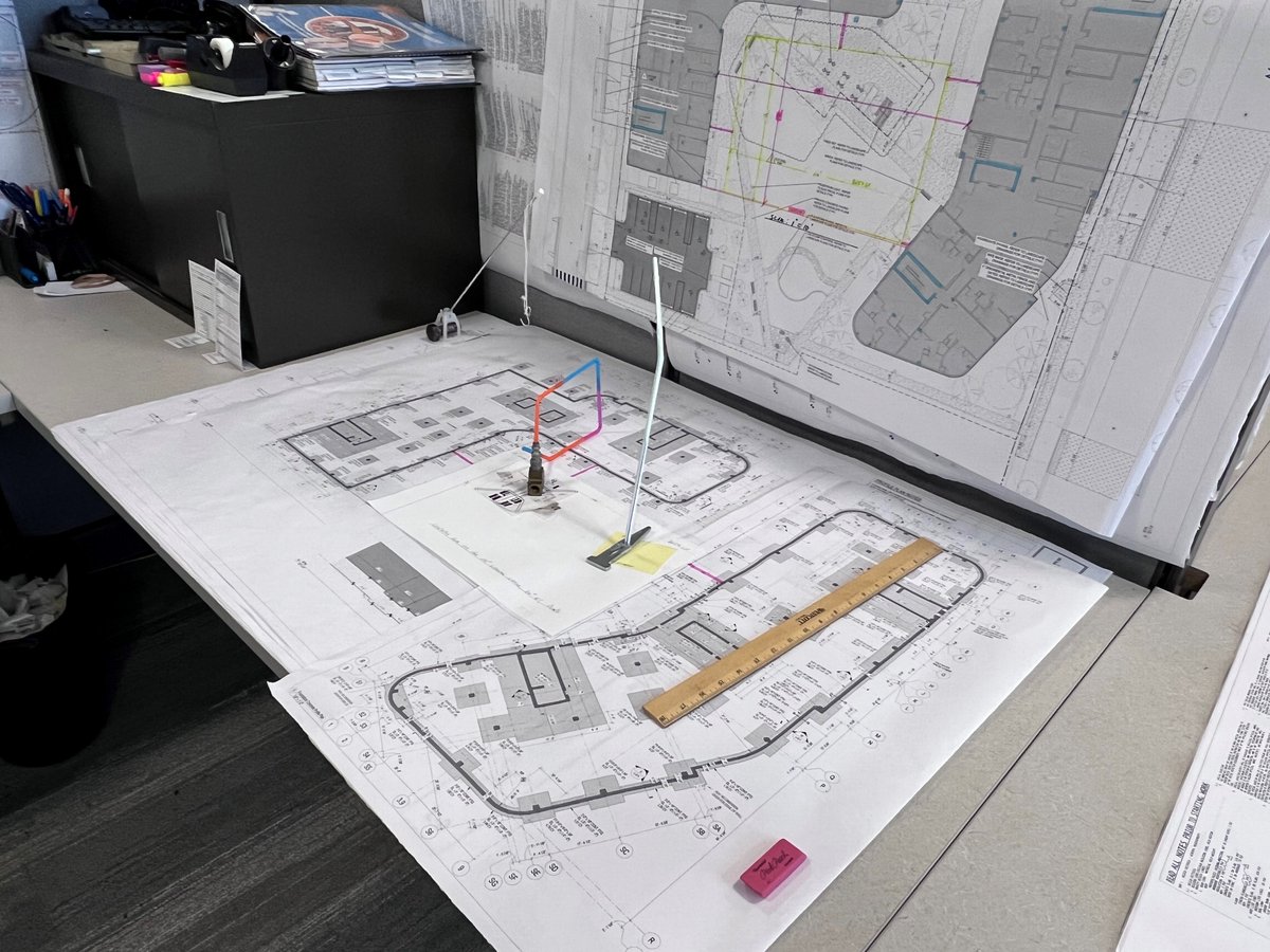 #Construction superintendents have gotten creative with pre-project planning over the years. Here, Tribco superintendents visualize where t#concrete pumps and tower cranes will be placed to better understand site logistics.