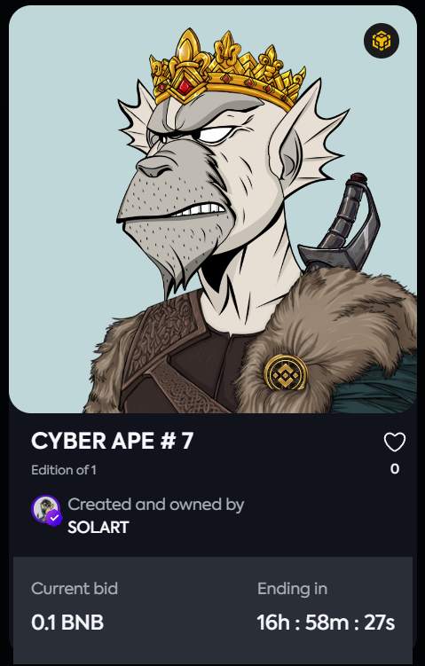 Collection : CYBER APES
✅ Start auction  
CURRENT BID : 0..1 bnb  =   #7
AUCTION ENDING IN : 16h : 55m : 49s
<a href="/nftbmarket/">NFTb 👉🏼 PixelRealm</a> 
<a href="/NL_Cryptorious/">NL_Cryptorious</a> 
#nftb #nftape #nfts #BNB