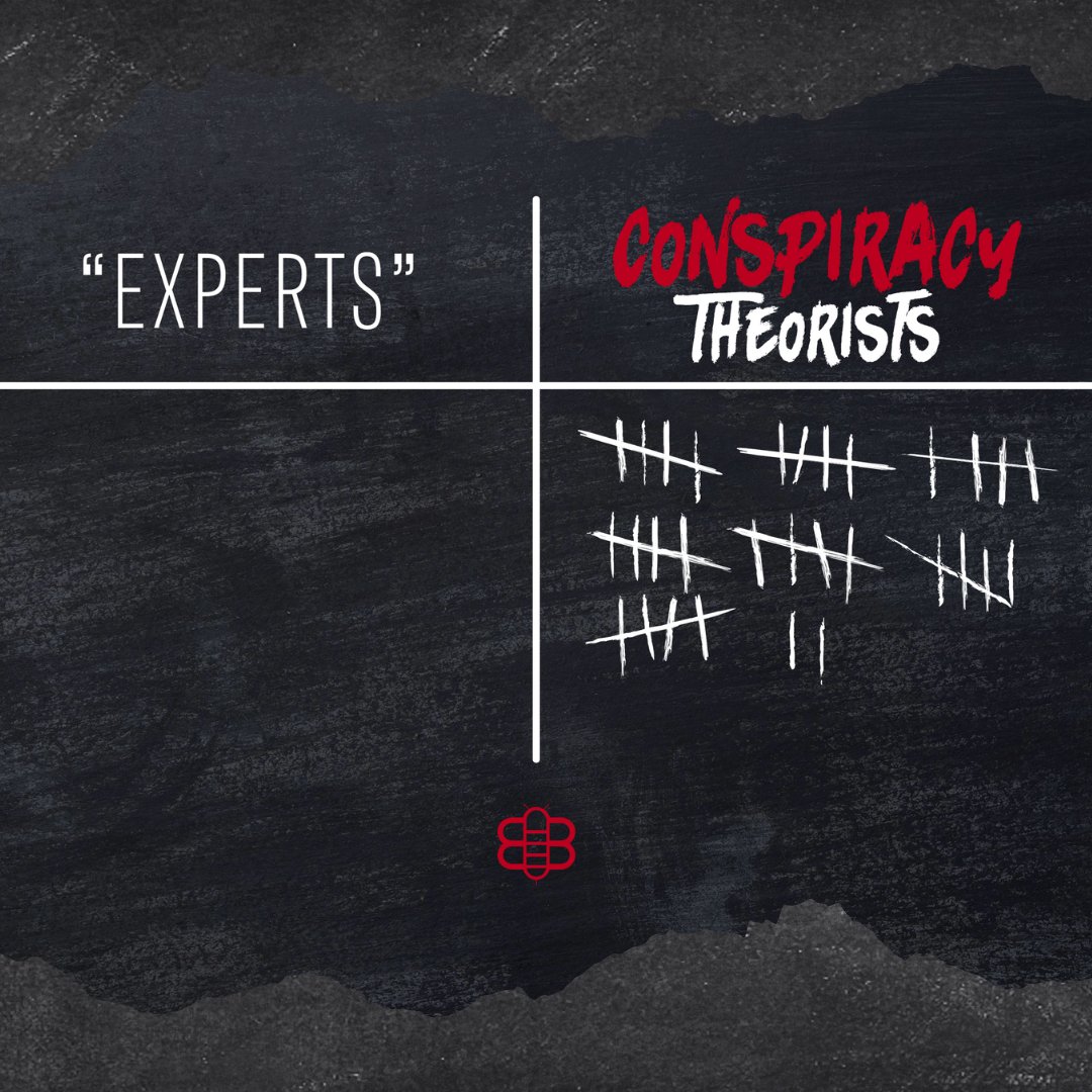 TheBabylonBee's tweet photo. If you’ve been accused of being a crazy conspiracy theorist, it’s time to shove your success rate in everyone’s faces with The Babylon Bee’s new Experts vs. Conspiracy Theorists: The T-Shirt! 

▶️ https://t.co/4HDVAJTufl https://t.co/tvD54p3f6J