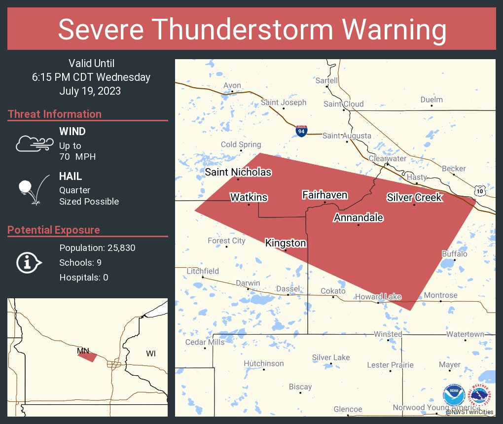 NWSTwinCities's tweet photo. Severe Thunderstorm Warning including Annandale MN, Maple Lake MN and  Watkins MN until 6:15 PM CDT. This storm will contain wind gusts to 70 MPH! https://t.co/XoYyAPFtwF