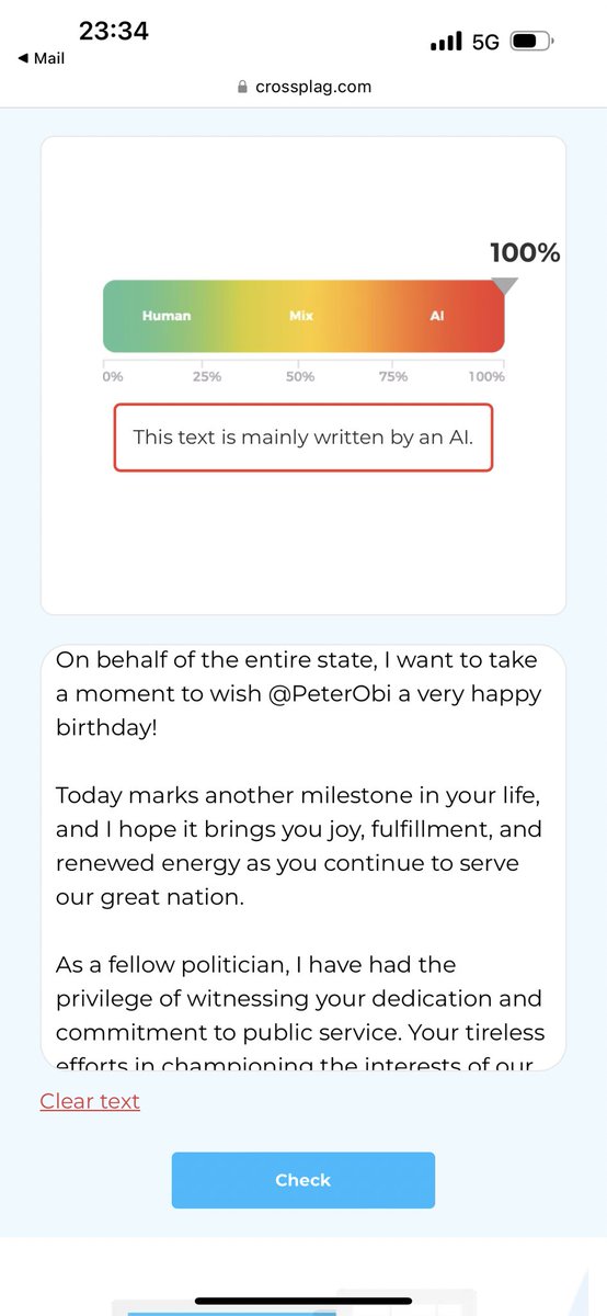 bernarddoro's tweet photo. @CalebMutfwang @PeterObi Below is your AI detection score Mr Governor. Your message is AI generated. So none of your team is able to generate a simple birthday message? Is this the deal that Plateau State got? https://t.co/sRBzzfLkci