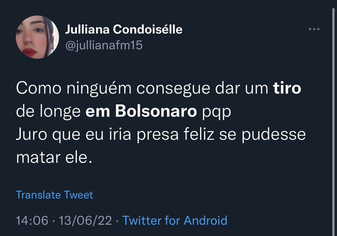 Pois é. Se eu escrever isso sobre o Mula a polícia chega em 2 minutos. E eu não moro ao lado do batalhão.
Mas como eles são animais superiores, fica essa Poha por isso mesmo.

#EuSigoBolsorano