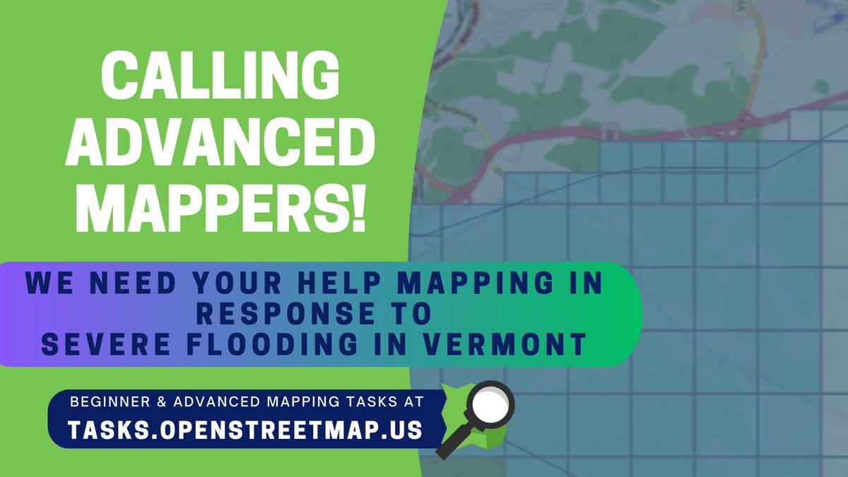 OpenStreetMapUS's tweet image. Calling advanced mappers! Help us map Vermont roads and waterways affected by severe flooding: tasks.openstreetmap.us/projects/430 

#OpenStreetMap #volunteers #disastermapping #Vermontflooding #Vermontfloods