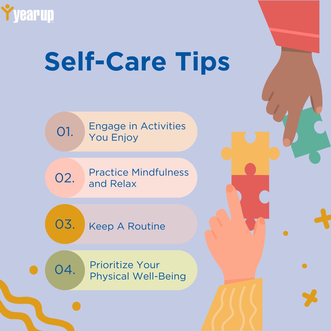 YearUpBayArea's tweet photo. Mental health plays a vital role in unleashing one's full potential. Here are some tips to foster self-care, resilience, and overall mental well-being within your mind. https://t.co/5hBD3bnPlM
