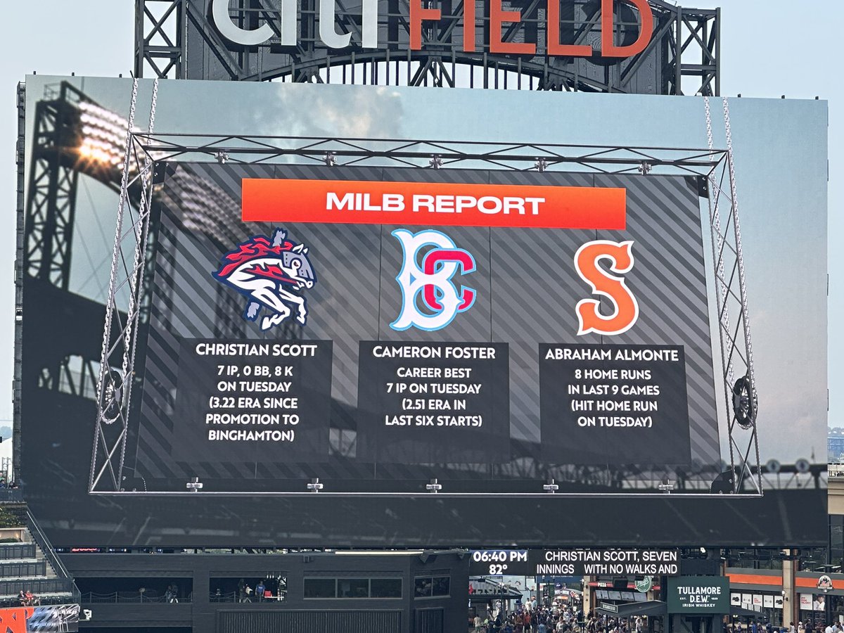 Awesome to see <a href="/fostercameron24/">Cameron Foster</a>, <a href="/chscott8/">Christian Scott</a>, and Abraham Almonte — all three who played for the <a href="/BKCyclones/">Brooklyn Cyclones</a> this season — get some love on the Citi Field videoboard. 

#LGM | #AmazinStartsHere