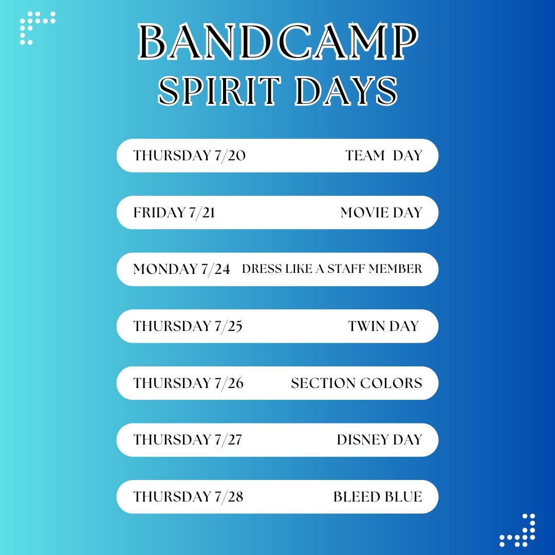 Spirit days for the rest of camp! #newfrontier <a href="/MHSBluejays/">MHS Bluejays</a> <a href="/MarshfieldActi1/">Marshfield Athletics</a>
