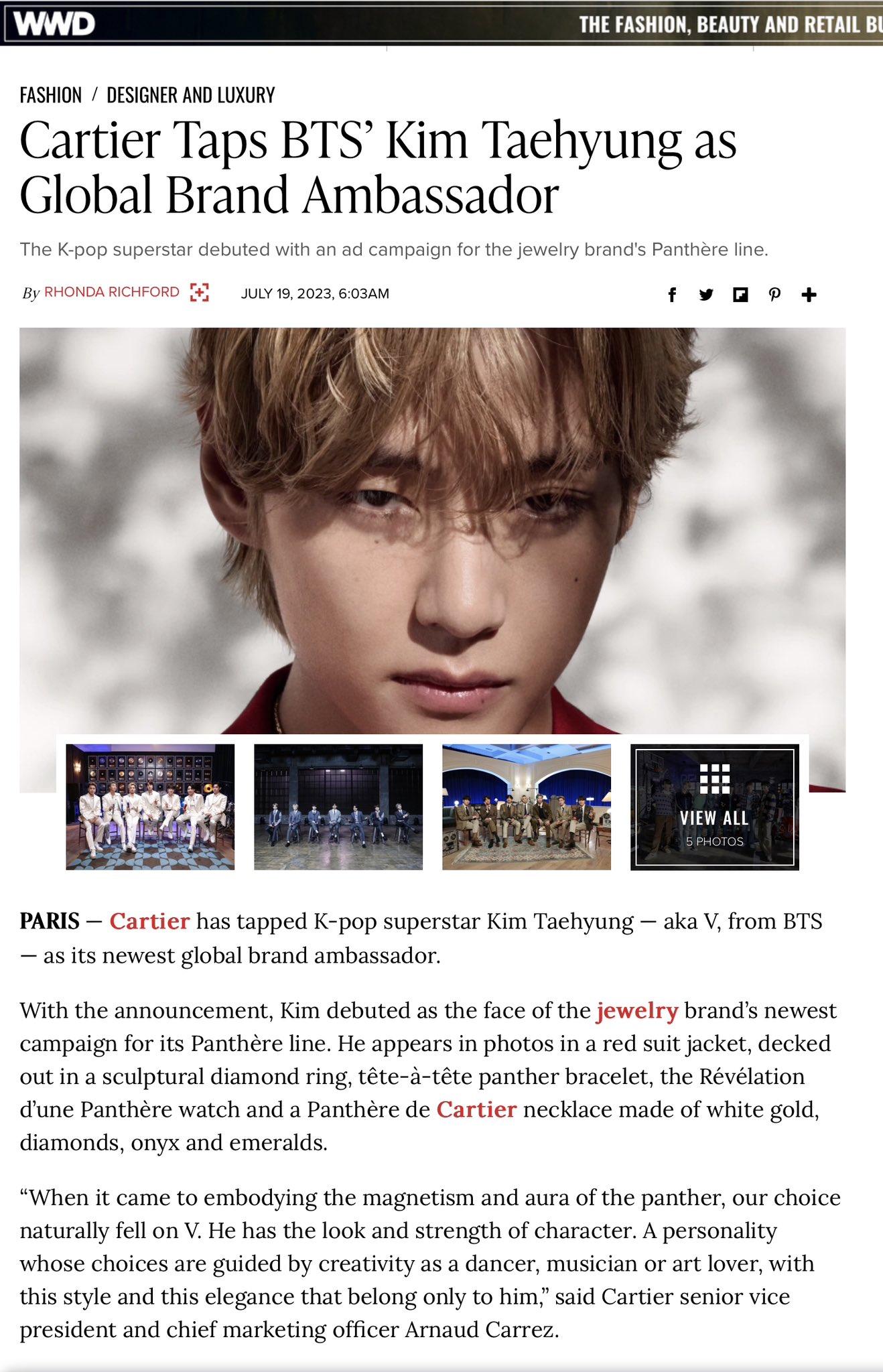 BTS's V Is Cartier's Newest Global Brand Ambassador