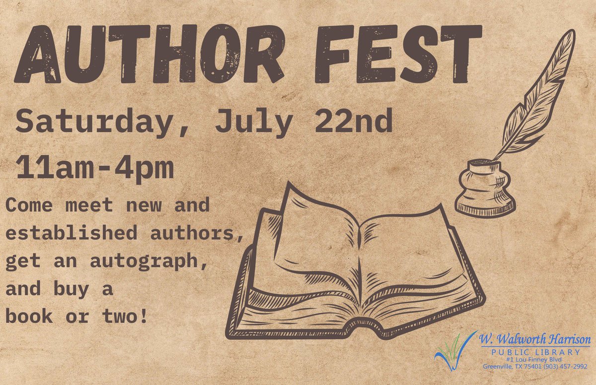 DanielleNAuthor's tweet photo. #Calling all #BookLovers!
The W. Walworth Harrison Public #Library in #GreenvilleTX is hosting #AuthorFest2023 #ThisWeekend!
I will be there along with almost 50 other #LocalAuthors! Come find a new #Adventure and learn what it takes to #PublishABook!
#TheLegacy #BookSeries https://t.co/0zieN8XWRB