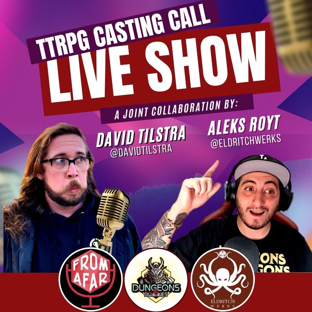 davidtilstra's tweet image. TTRPG Casting Call!

@DungeonsDummiez &amp;amp; @FromAfarPodcast are developing an in person actual play! We&apos;re looking for Los Angeles based creators to join us at our table! All LA based creators are welcome!

If you&apos;re interested, send us an email to aleks@eldritchwerks.com